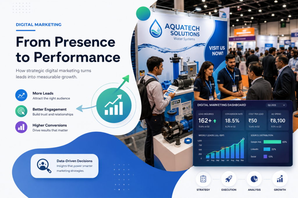 Digital marketing lead generation dashboard showing 260 monthly inquiries and ₹50 cost per lead metrics compared to traditional trade show booth for B2B manufacturers.