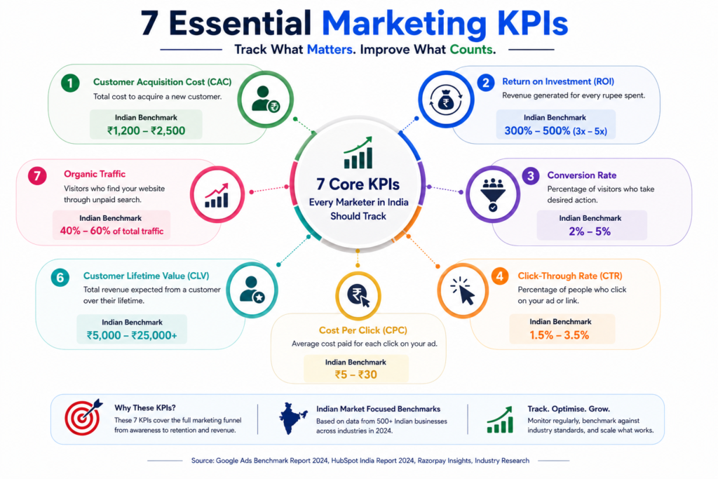 Circular infographic with a central hub connected to seven marketing KPI categories. Includes CAC, ROI, Conversion Rate, CTR, CPC, CLV, and Organic Traffic. Each spoke contains definitions, icons, and Indian benchmark values presented in a clean, data-rich vector style.