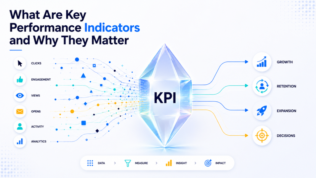 KPI infographic showing business data flowing through a prism into growth, retention, expansion, and strategic insights.
