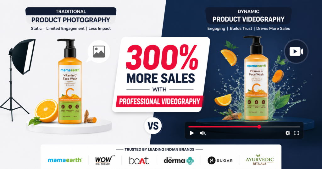 Split-screen comparison showing traditional product photography versus professional product videography, highlighting how video marketing can increase sales and customer engagement for Indian brands.