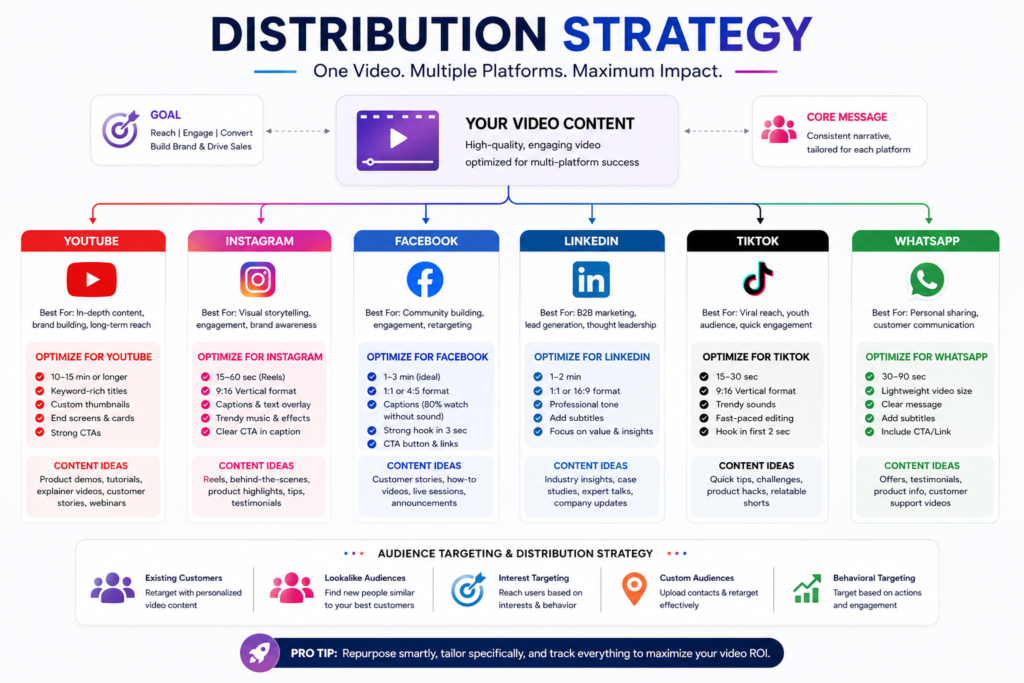 Video content distribution strategy flowchart showing how a single marketing video is optimized and distributed across YouTube, Instagram, Facebook, LinkedIn, TikTok, and WhatsApp.
