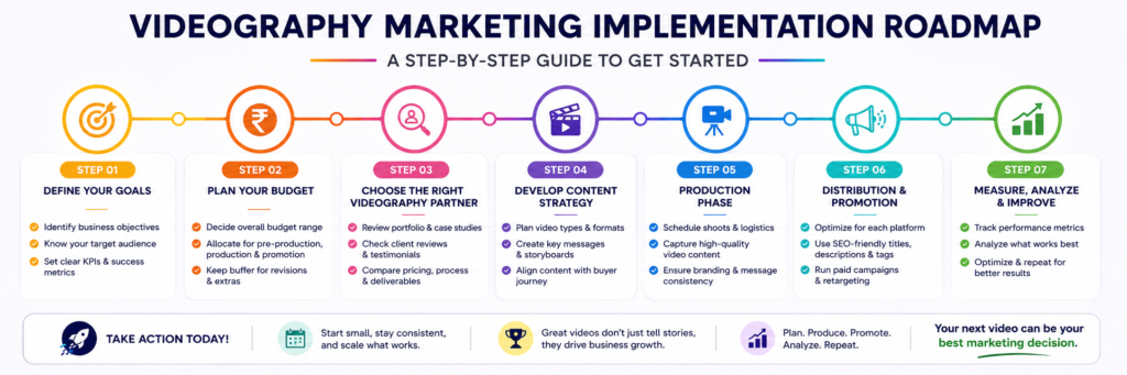 Step-by-step videography marketing implementation roadmap covering goal setting, budget planning, vendor selection, content strategy, production, distribution, and performance measurement.