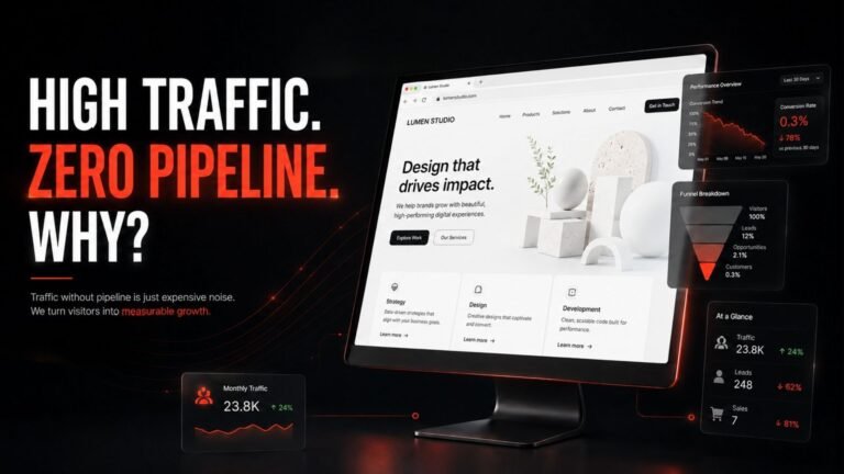 A dark, cinematic product shot of a desktop monitor displaying a modern agency website ("Lumen Studio") alongside dark glass UI widgets showing analytics data. High-contrast red and white text on the left reads, "HIGH TRAFFIC. ZERO PIPELINE. WHY?" with a subheadline stating, "Traffic without pipeline is just expensive noise."