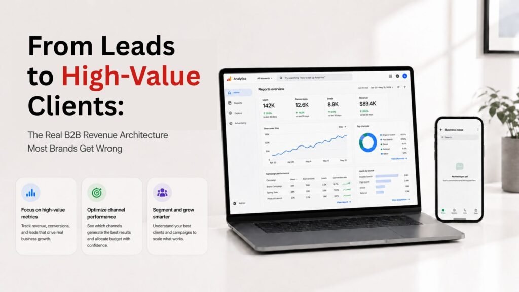 B2B marketing dashboard showing revenue analytics on a laptop and mobile screen, featuring the text "From Leads to High-Value Clients: The Real B2B Revenue Architecture Most Brands Get Wrong.