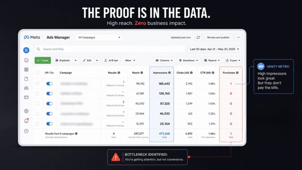 Desktop mockup showing high web traffic stats (24K views) but declining leads and sales, illustrating a broken conversion funnel. (125 characters)