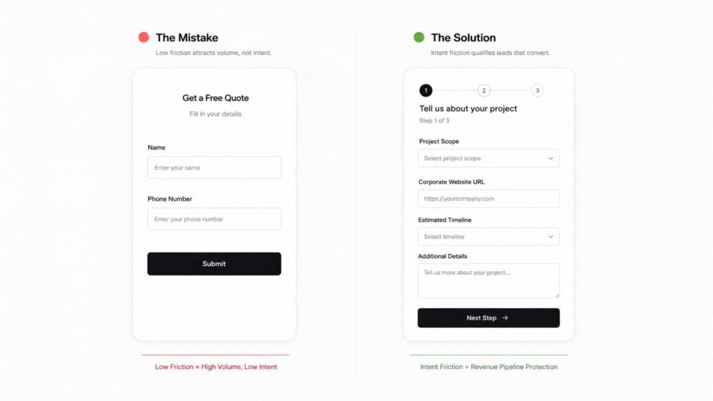 A comparison graphic of a low-friction lead form versus an intentional, multi-step lead qualification form for revenue pipeline protection.