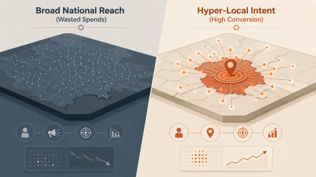 Infographic comparing "Broad National Reach (Wasted Spends)" which shows dispersed blue location markers and a downward trend line, against "Hyper-Local Intent (High Conversion)" which highlights a concentrated orange zone with a central pin and an upward growth chart.