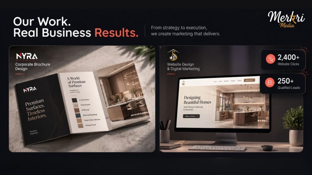 A marketing portfolio graphic by Merkri Media showing a corporate brochure mockup and website design for NYRA, featuring interior design and modular kitchen materials. Metrics highlight 2,400+ website clicks and 250+ qualified leads.