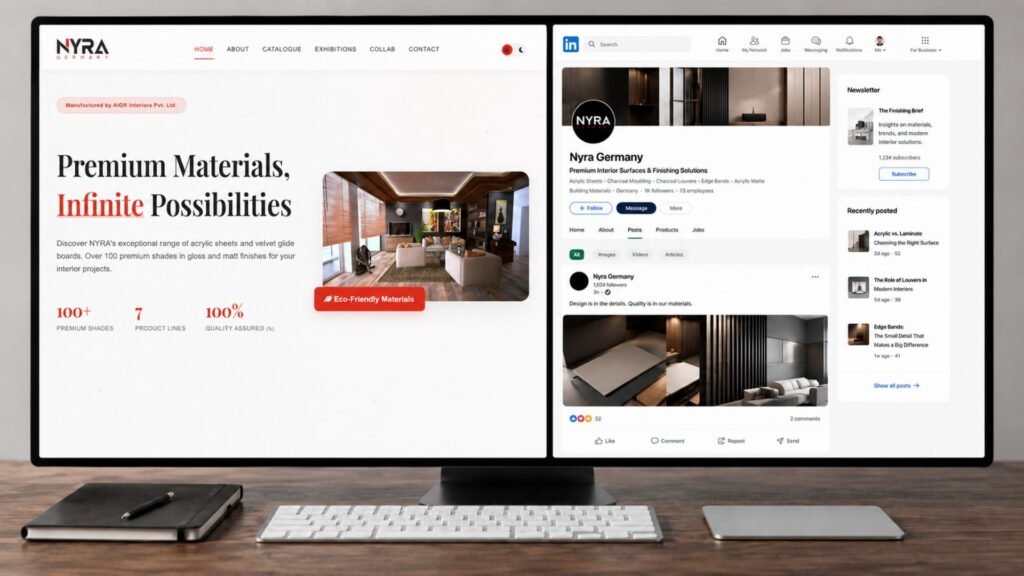A desktop monitor display showing a high-end interior design brand website design alongside its corresponding corporate LinkedIn company profile for luxury architectural materials.