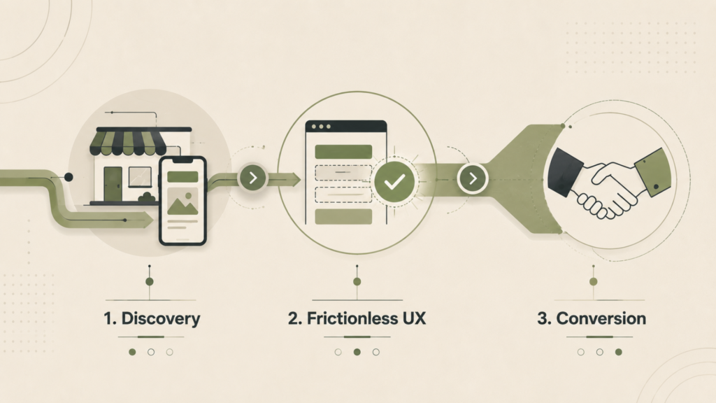 Process infographic showing a three-step customer journey: 1. Discovery (featuring a storefront and mobile phone), 2. Frictionless UX (featuring a clean app interface with a checkmark), and 3. Conversion (featuring a finalized handshake).