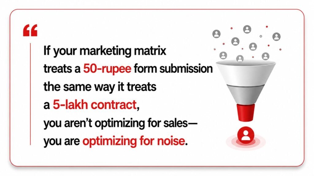 Marketing matrix quote about optimizing for sales vs noise next to a sales funnel illustration filtering leads.