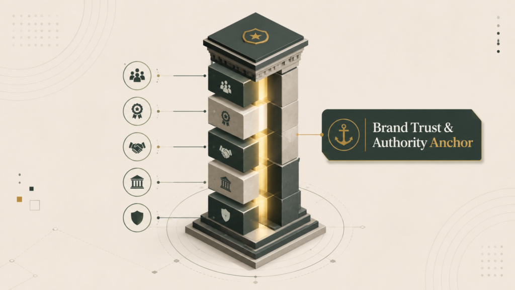 3D architectural pillar graphic representing a "Brand Trust & Authority Anchor," featuring five stacked tiered blocks with corresponding icons on the left and a central glowing core.
