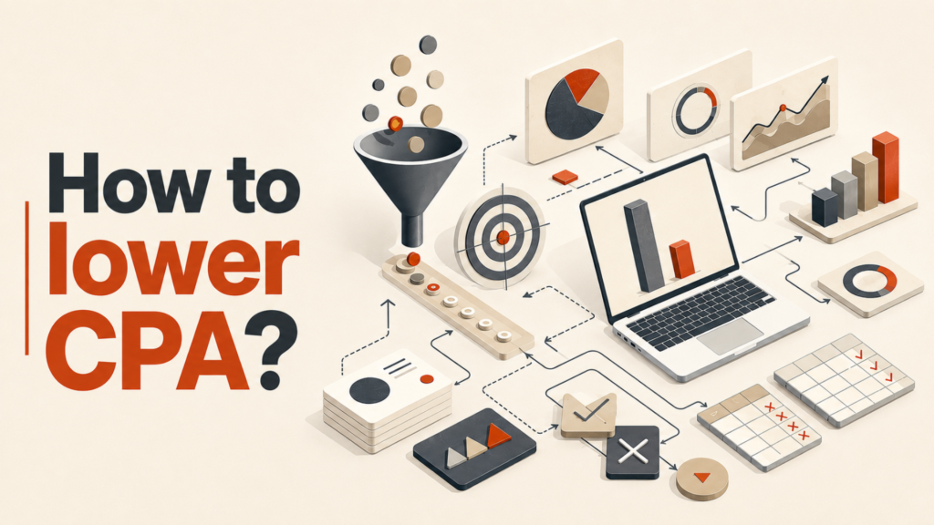 An isometric illustration featuring the text 'How to lower CPA?' on the left, alongside a laptop, data charts, graphs, a conversion funnel with coins dropping through it, and workflow process icons connected by arrows.'