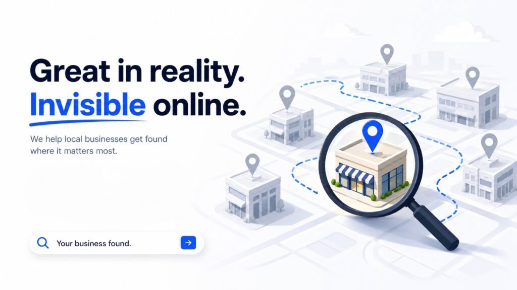 Premium architectural showroom with Google Maps 404 Business Not Found screen.