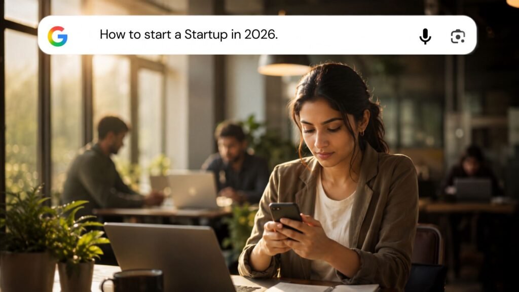 A young woman looking at her smartphone in a modern co-working space, with a Google search bar overlay reading "How to start a Startup in 2026."