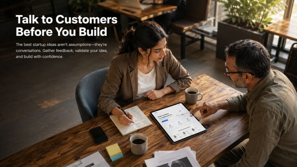 Business meeting with a woman taking notes and a man pointing at a tablet screen, featuring startup advice text on the left.