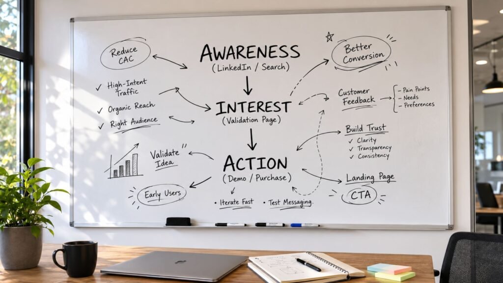 Strategy whiteboard detailing a marketing funnel from awareness and interest to action and early users.