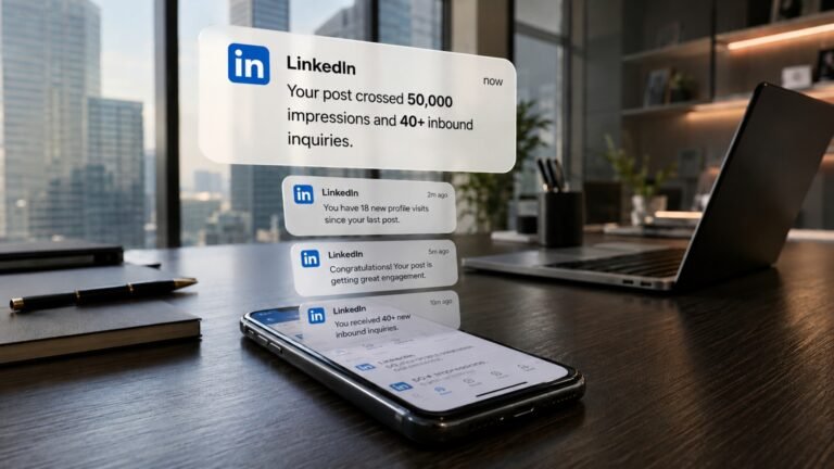 LinkedIn performance notifications showing 50,000 impressions, profile visits, and inbound inquiries
