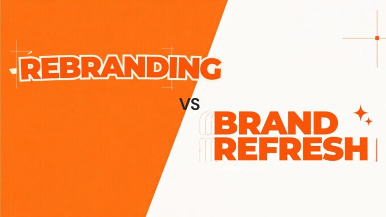 Graphic comparing rebranding and brand refresh, highlighting the difference between a major brand identity change and a lighter visual update.