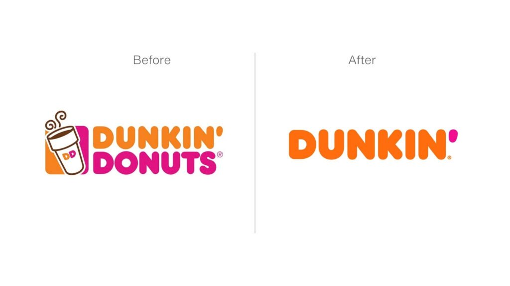 Before-and-after comparison of the Dunkin’ logo, showing the older Dunkin’ Donuts logo with a coffee cup icon and the simplified modern orange and pink Dunkin’ wordmark.